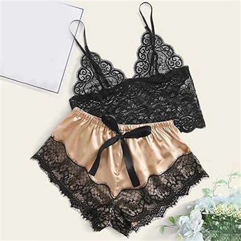 Womens Sexy Lace Sleepwear Lace Lingerie Sleeveless V Neck Babydolls Pajamas Set Lingerie Tops