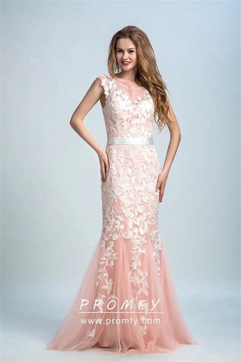 Nude Pink Tulle White Lace Appliqued Prom Dress Promfy