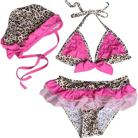Conjunto Bikini Gorro Bebé Niña Leopardo Rosa Traje Baño Meses sin intereses