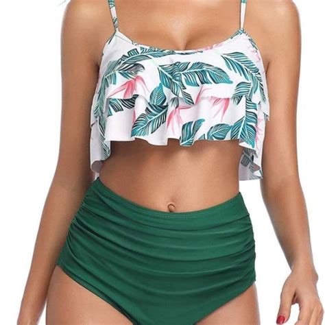 Unique Classic Swim Plus Size Sexy Flare Womens Ruffle Swimsuit High Waist Bikini Set Xl