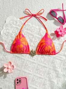 Swim Mod Summer Holiday Floral Random Print Gold Flower Accessory Neckline Sexy Bikini Top
