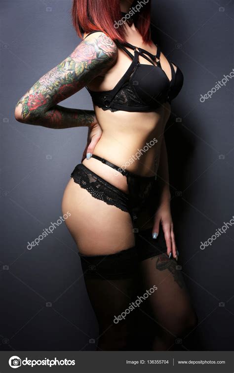 Beautiful Girl With Tattoo In Black Lingerie Stock Photo Belchonock