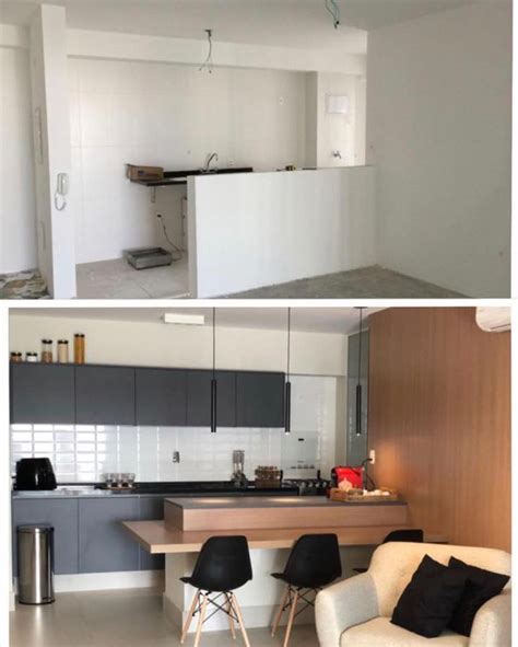 Two Pictures Of The Same Kitchen And Living Room