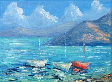 Картина лодки у берега, средиземноморский пейзаж, картина с лодками в ...