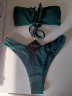 Zaful V Wired Ruffle Ribbed Bandeau Bikini Swimwear In Light Green Zaful