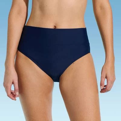 Lands End Women S Mid Rise Bikini Bottom Navy Blue S UPF 50 Fold Over Waistband Pull On