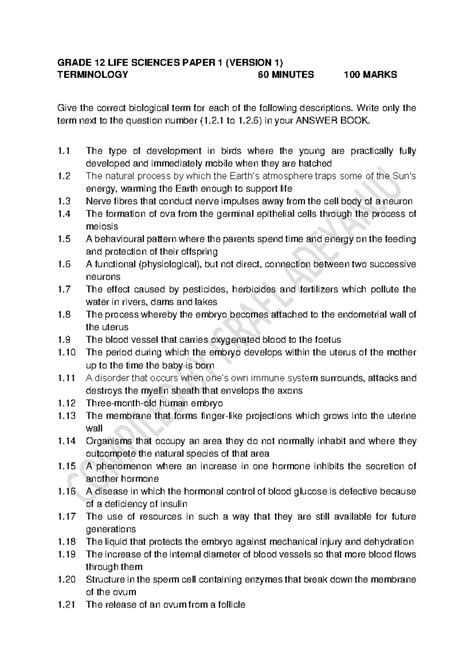 Grade 12 Life Sciences Paper 1 Terminologies Grade 12 Life Sciences