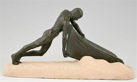 Art Deco Sculpture Male Nude Fisherman With Boat Deconamic