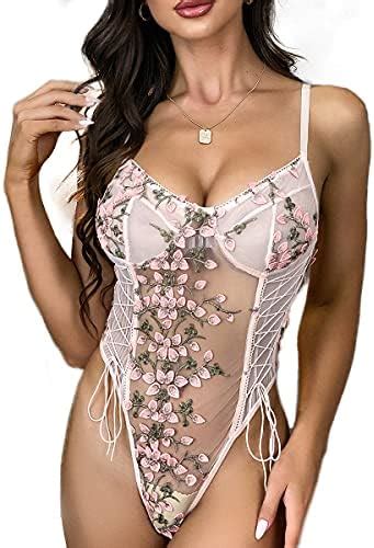 Lilosy Women Sexy Lace Up Floral Embroidered Teddy Lingerie Bodysuit Top Mesh Sheer One Piece