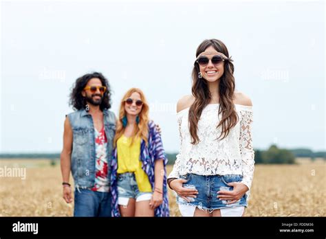 Smiling Young Hippie Friends On Cereal Field Stock Photo Alamy