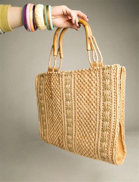 Tote Carry On Market Bag Raffia Jute Straw Bamboo Handles Made In Italy