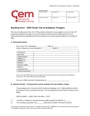 Fillable Online Gem Org Booking Form GEM Study Trip To Budapest