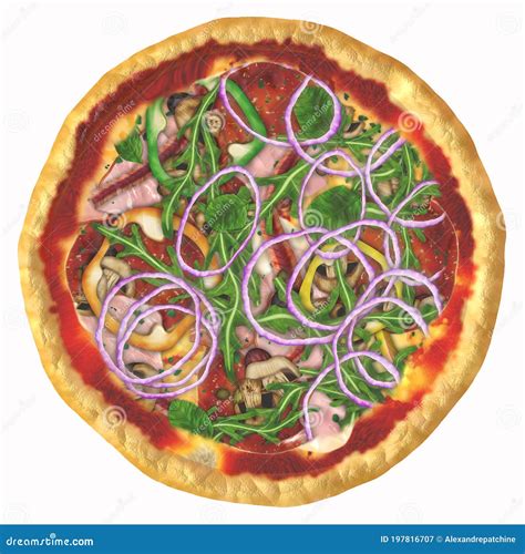 Appetizing 3 D Illustration Of Baked Italian Pizza With All Ingredients