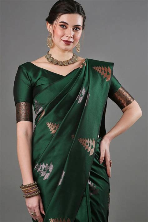 soft silk dark green broad border woven zari saree sarv