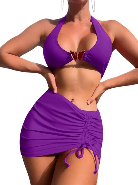 Generic Swimsuit Women S 3 Piece Bathing Suits Butterfly Link Bikini Set With Cover Up Skirt