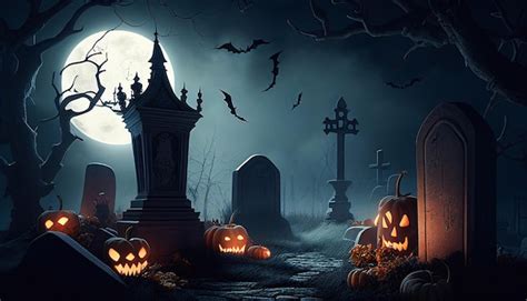 Fondo De La Noche De Halloween Con Un Cementerio Y Calabazas Y Luna