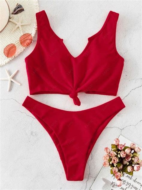 49 OFF 2020 ZAFUL Knotted V Notch High Cut Tank Bikini Swimsuit In