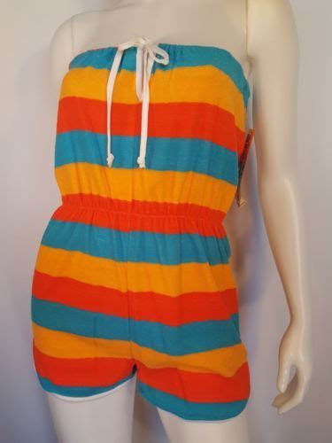 1970s Bold Striped Strapless Terrycloth Romper M Vintage Jumpsuit Vintage Outfits Terry