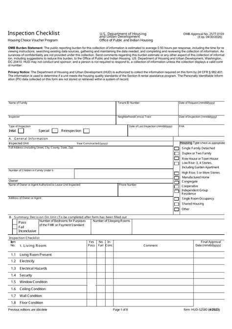 Form Hud 52580 Download Fillable Pdf Or Fill Online Inspection Checklist Housing Choice