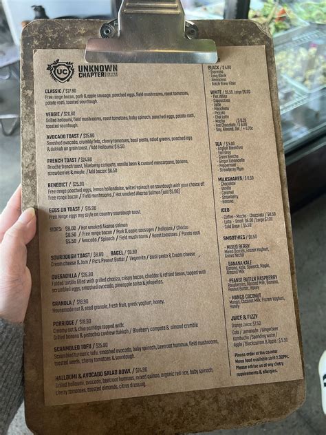 Menu at Unknown Chapter Coffee Roasters cafe, Christchurch