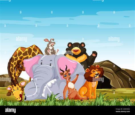 wild animals group  posing smile cartoon style isolated  forest