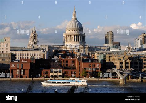 London Uk View Across River Thames With St Paul S Cathedral Stock