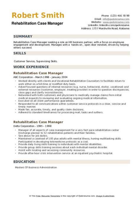 Rehabilitation Case Manager Resume Samples QwikResume