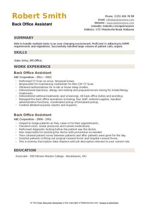 Back Office Assistant Resume Samples Qwikresume