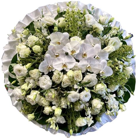 White Orchids And Roses Round Asian And Chinese Funeral Wreath Funeral