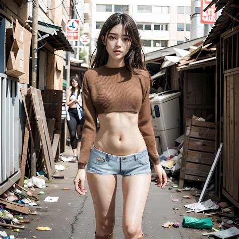 Araffed Asian Woman In Short Shorts And A Sweater Walking Down A Street Seaart Ai