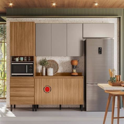 Cozinha Compacta Portas Porta Basculante Gavetas Lazuli Amêndola Touch nude Prime Tx