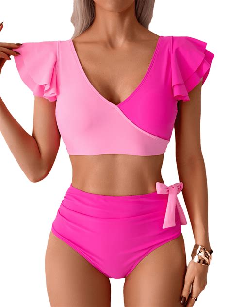 Awchic Women S Two Piece Bikini Set Ruffle Sleeve V Neck Backless Swim