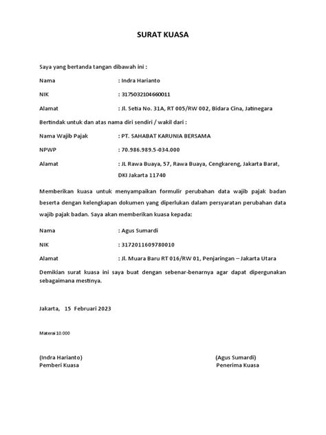 surat kuasa perubahan data