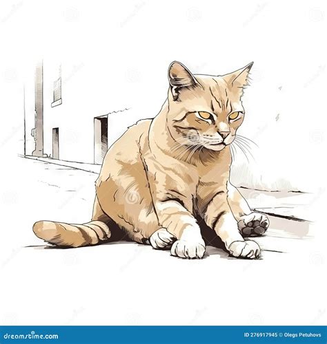 Dibujo De Un Gato Sentado En El Suelo Al Lado De Un Edificio Stock De