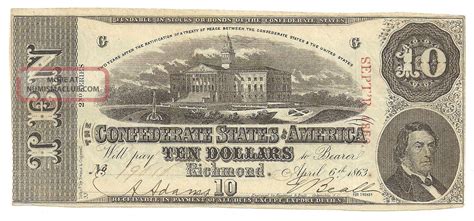 1863 10 Dollar Bill Confederate Currency Note Civil War Era Paper