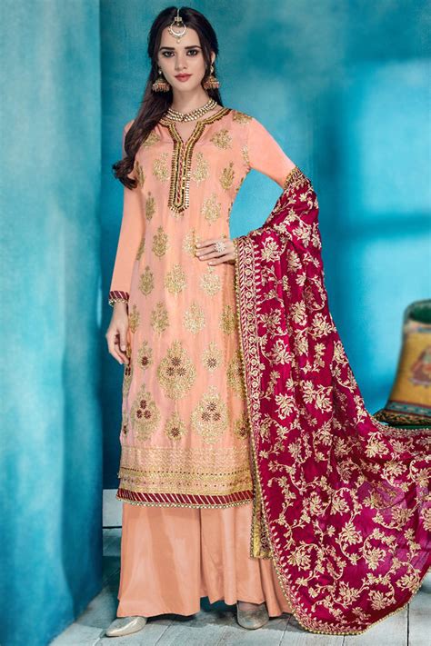 Salmon Peach Georgette Embroidered Straight Cut Palazzo Suit LSTV127781