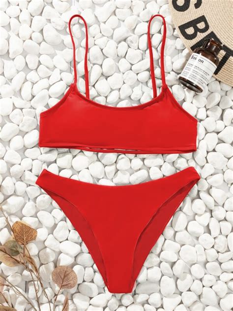 SHEIN Swim Basics Solid Bikini Set Cut Out Back Bra High Cut Bottom 2