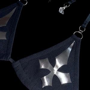 U𝖓𝖍𝖔𝖑𝖞 2 Pc Set Handmade Black Bikini Top Low Rise Lace up Micro Mini Skirt Silver Chrome Cross