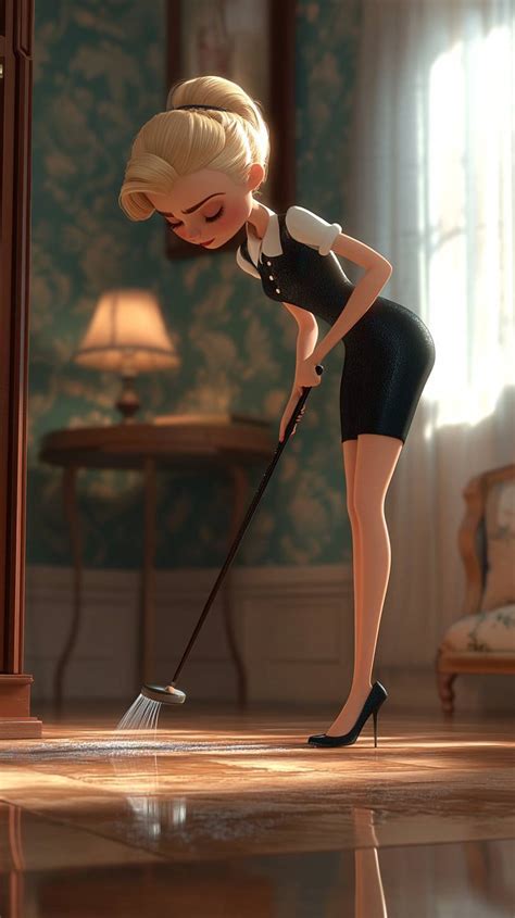 A D Cartoon In Pixar Style Shows A Blonde Woman Weeping While Cleaning