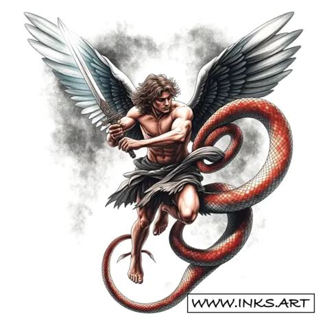 Tattoo Design Nude Angel Battles Massive Serpent Style Realism