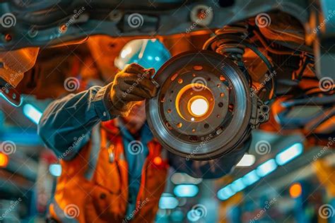 Professional Mechanic Inspecting Car Brake Disk System in Auto Repair ...