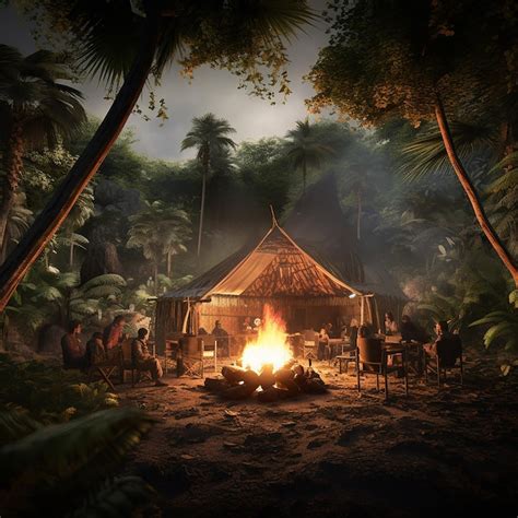 Premium Photo | 3d rendered photos of happy family camp firing in jungle