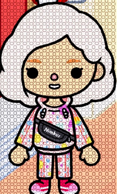 an old woman with white hair and pink shoes standing in front of a red wall