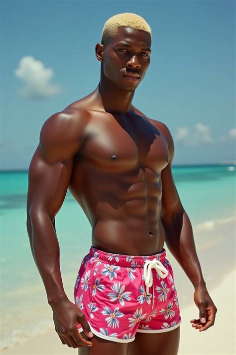Man As Ken From Barbie With Swim Trunks Shirtless Undercut Blonde Hairstyle
