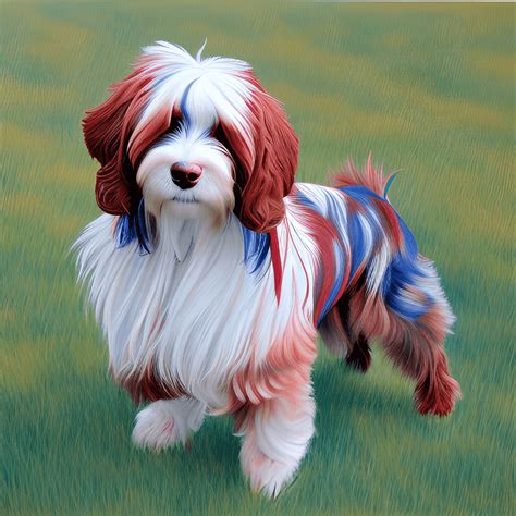 Realistic Painting Of A Blue Eyed Red Merle Aussiedoodle In The Field