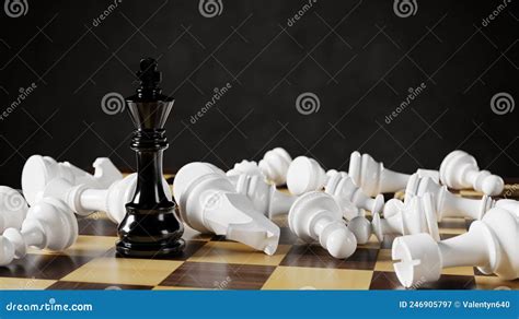 Black Chess King Among Lying White Pawns On A Chessboard D Rendering