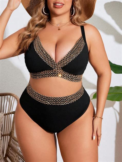 Shein Swim Curve Plus Size Color Block Spaghetti Strap Bra And Bikini Bottom Set For Summer