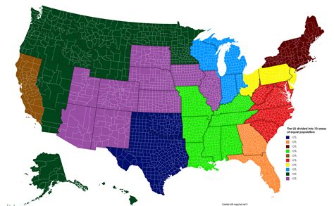 [oc] The Us Divided Into 10 Areas Of Equal Population R Mapporn