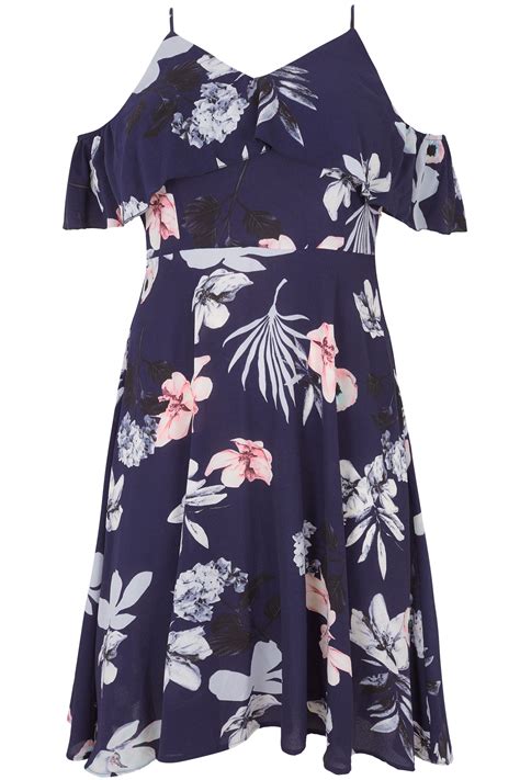 Ax Paris Curve Navy Floral Print Cold Shoulder Midi Dress Plus Size 16