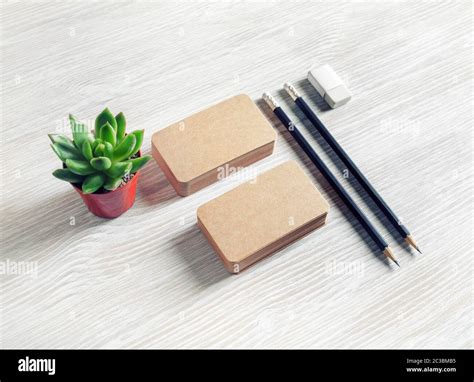 Branding Stationery Template Blank Brown Paper Business Cards Pencils